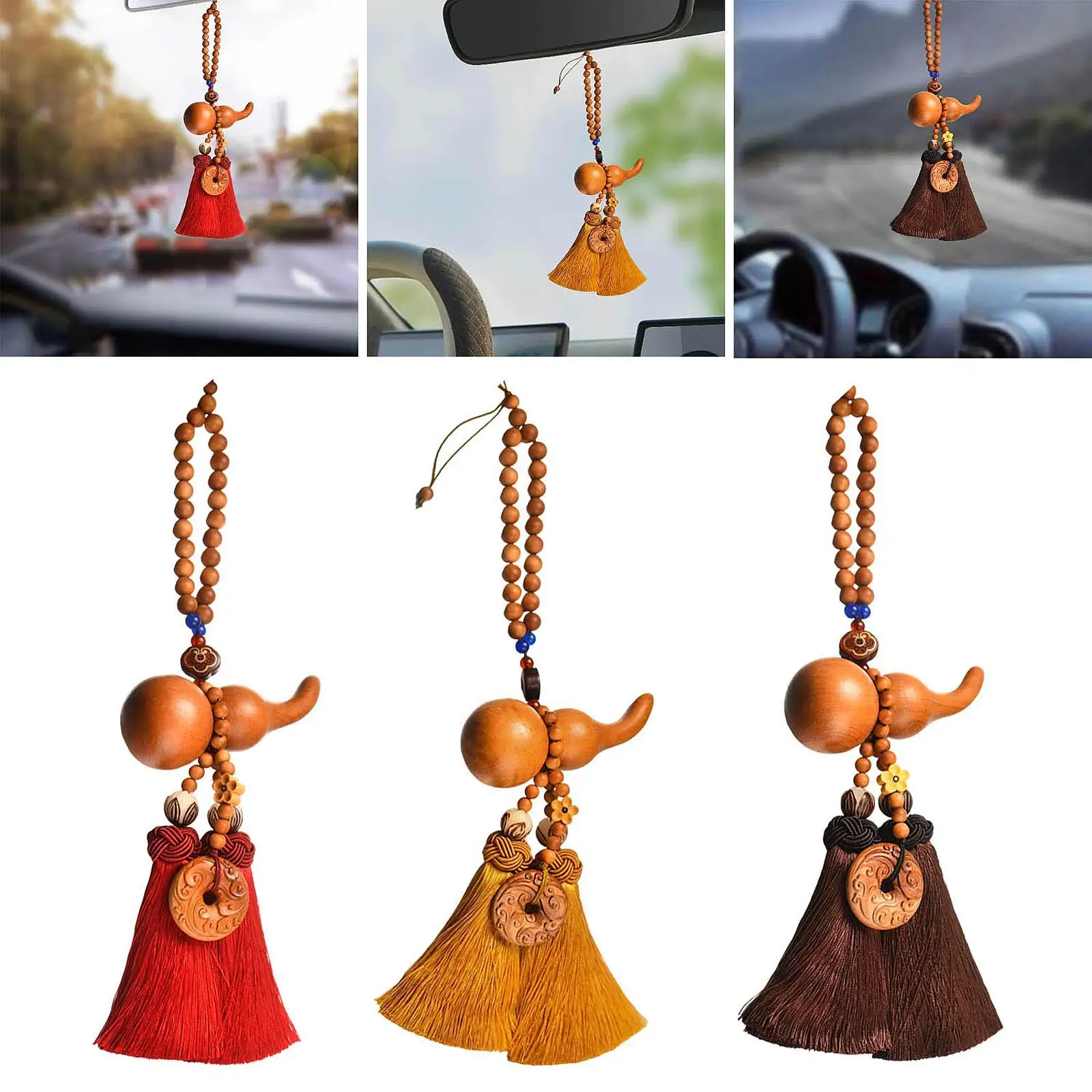 Car Hanging Pendant Dangling Ornament Feng Shui Decor Gift Decorative Good Luck Charm Wooden Beaded Rear View Mirror Pendant