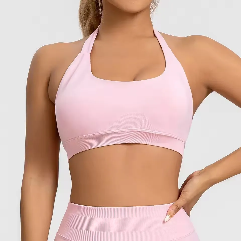 High Sports Bra Women Halter Seamless Yoga Bra Padded Backless Sports Bras Halter Gym Crop Top Push Up Workout Yoga Tops