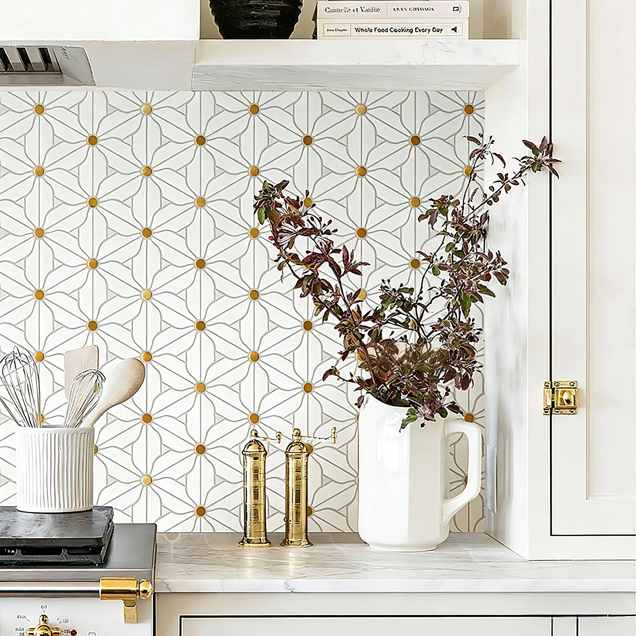10 piezas de azulejos de mosaico de mármol de Carrara con diseño de flor de seis pétalos, azulejos para pared de baño, azulejos para suelo, azulejos para salpicadero de cocina