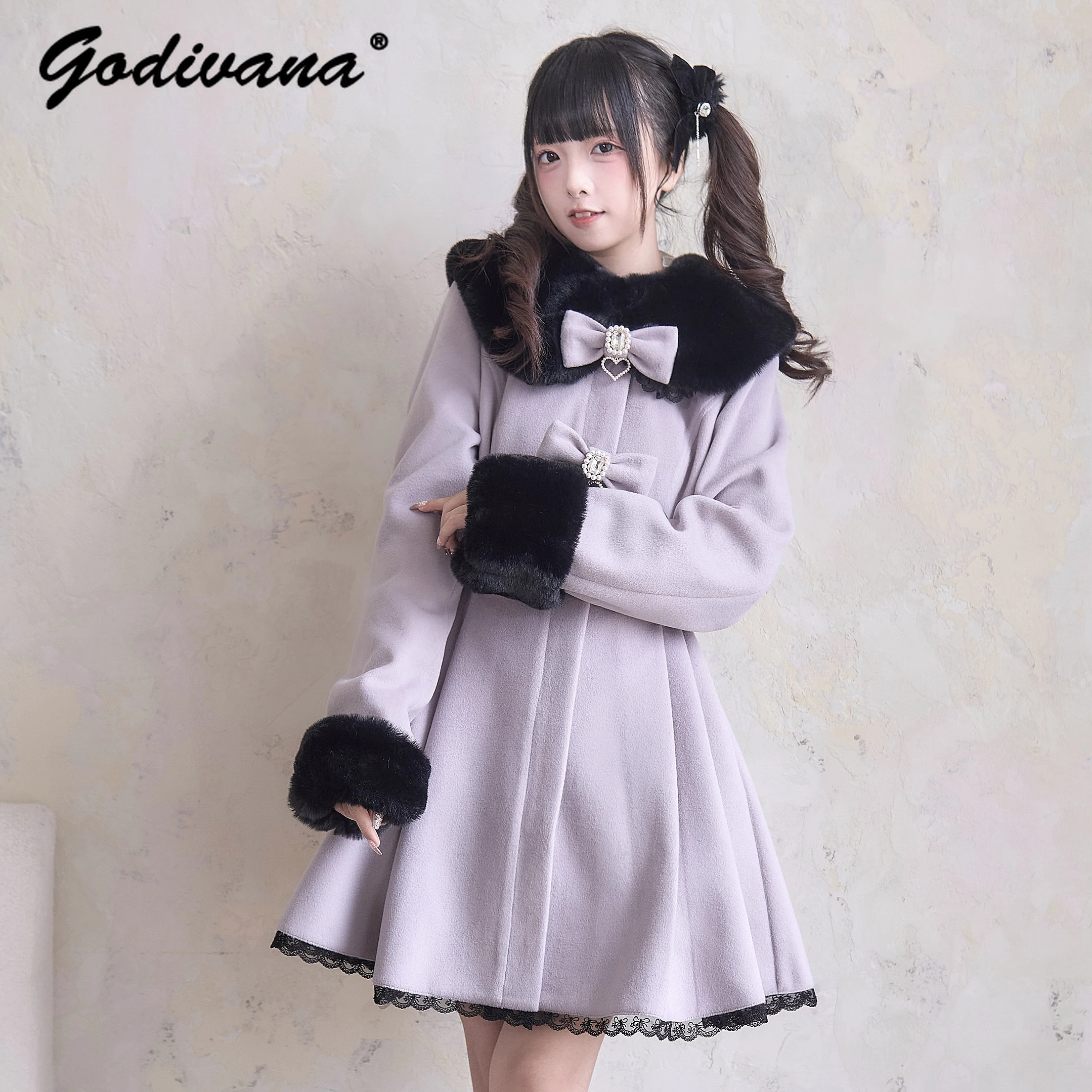 New Japanese Mine Series Mass Production Lolita Mid-length Wool Coat Cute Bow Women's Slim Winter Single-breasted Woolen Jacket