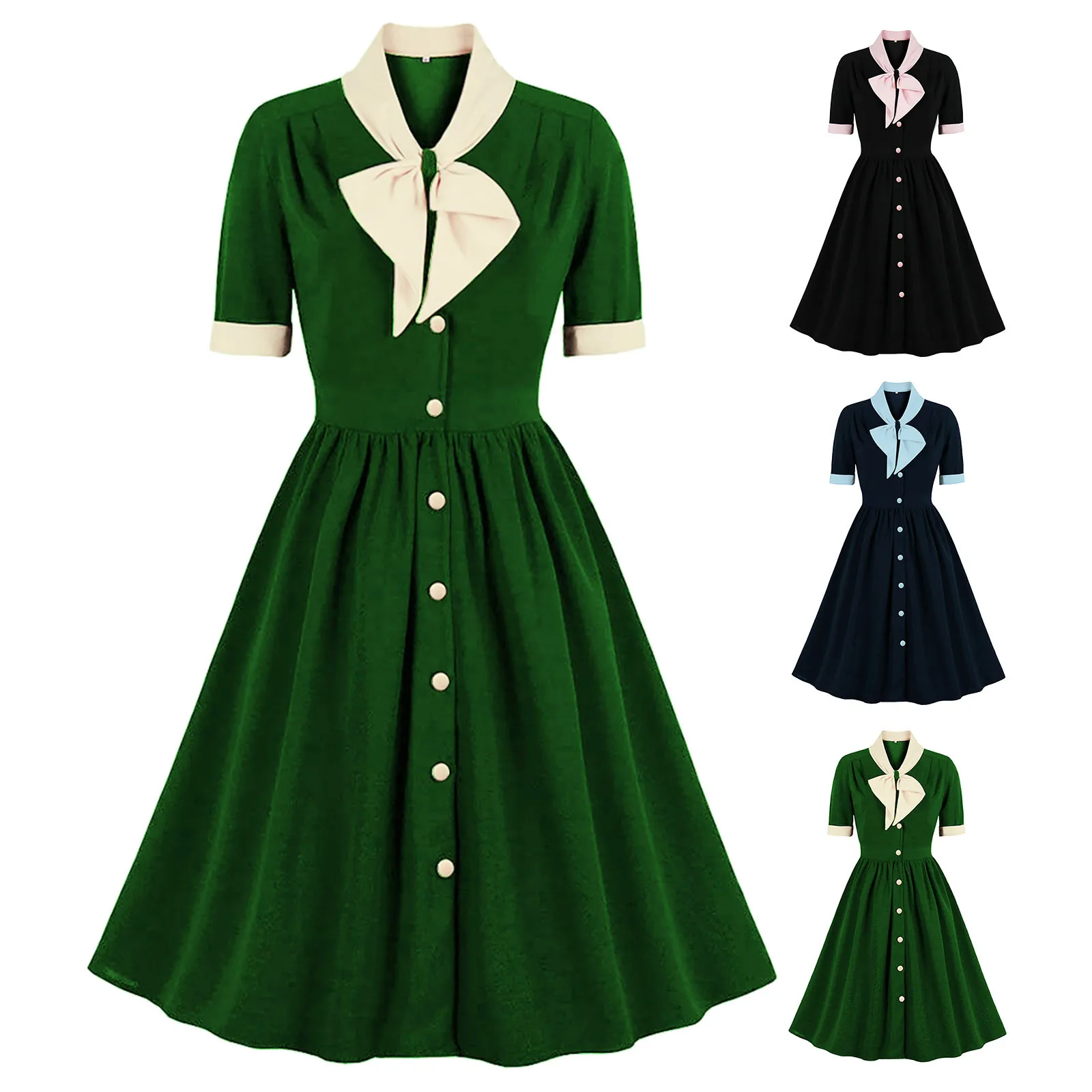 Hot Contrast Collar and Cuff Bow Front Button Up A-Line Dress Women Elegant Summer Vintage Clothes Ladies Midi Dresses