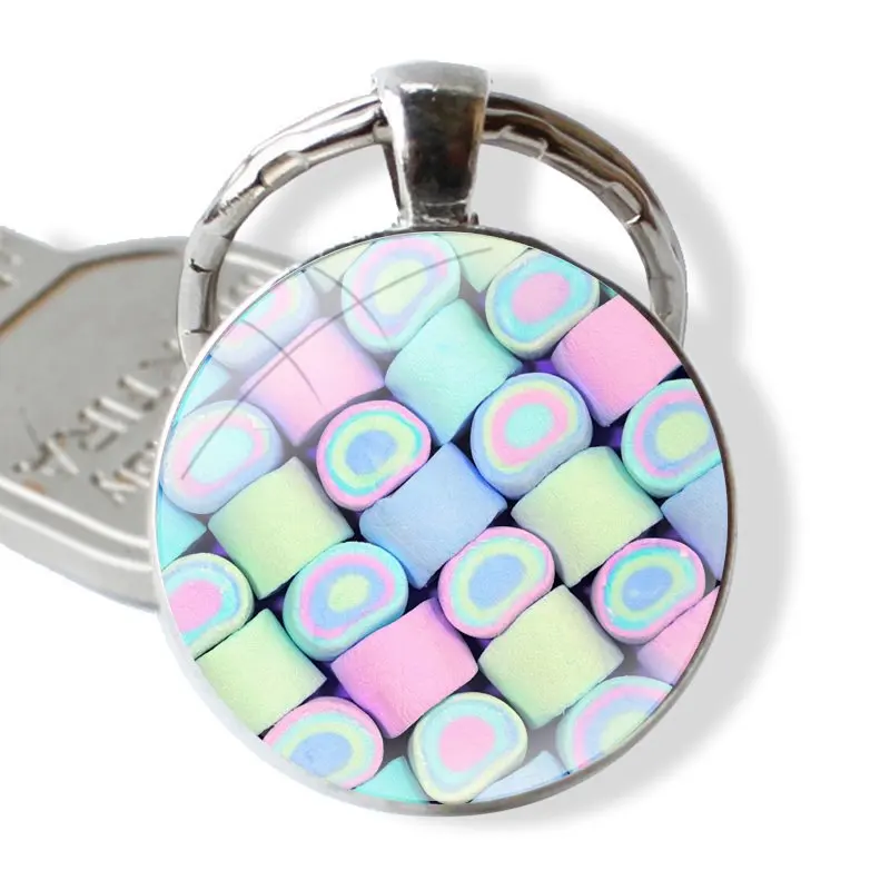 Keychain Handmade Glass Cabochon Key Ring Holder Pendant Key Chains kawaii cute Pastel Marshmallows