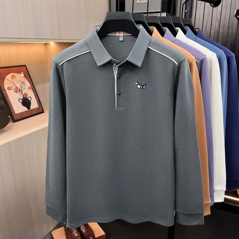 Luxuriöses Herren-Poloshirt mit Stickerei-Print, Herbst-Neuheit, einfarbig, langärmelig, mit Kragen, Business-Casual-Herrenbekleidung – Detail 12