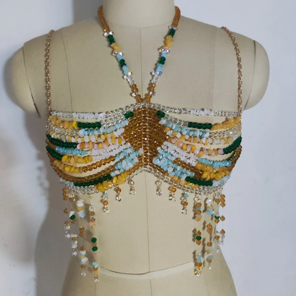 Women Handmade Hollow Out Irregular Multi Beaded Body Chain Halter Romantic Bra Tassel Backless Beachwear for  Music Festivals