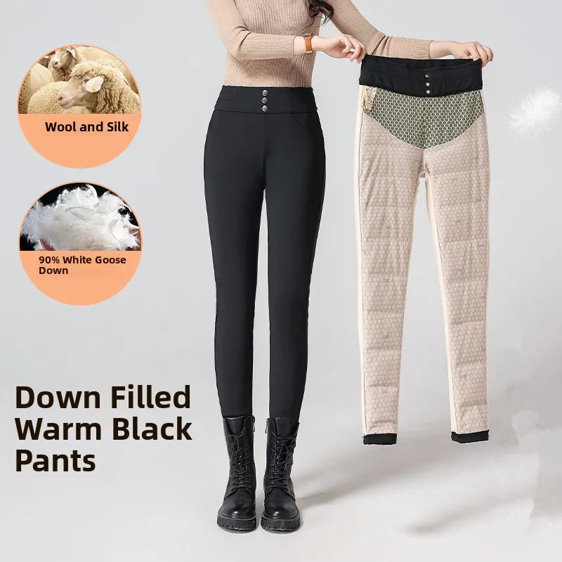 

Women's down Trousers Thiened Fce Lined High Waist Long Pants Winter Outerwear Pencil Pants Bla Gold Warm Trousers