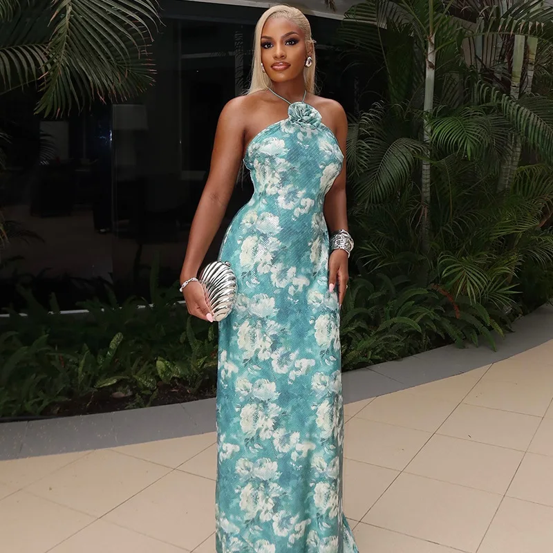 เดรสยาวลายดอกไม้พิมพ์ลายดอกไม้ 3 มิติ คอ halter เปิดหลัง สไตล์หรูหราสำหรับผู้หญิง แฟชั่นฤดูร้อนใหม่ เหมาะสำหรับงานปาร์ตี้กลางคืนในคลับ