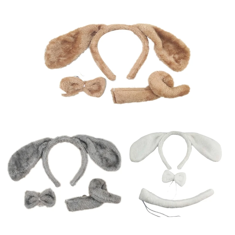 Casual Plush Dog Ears Headband+Bow+Tail Animal Dog Ears Hair Hoop Set Cosplay Accessories for Cosplayer Daily Wear Dropship