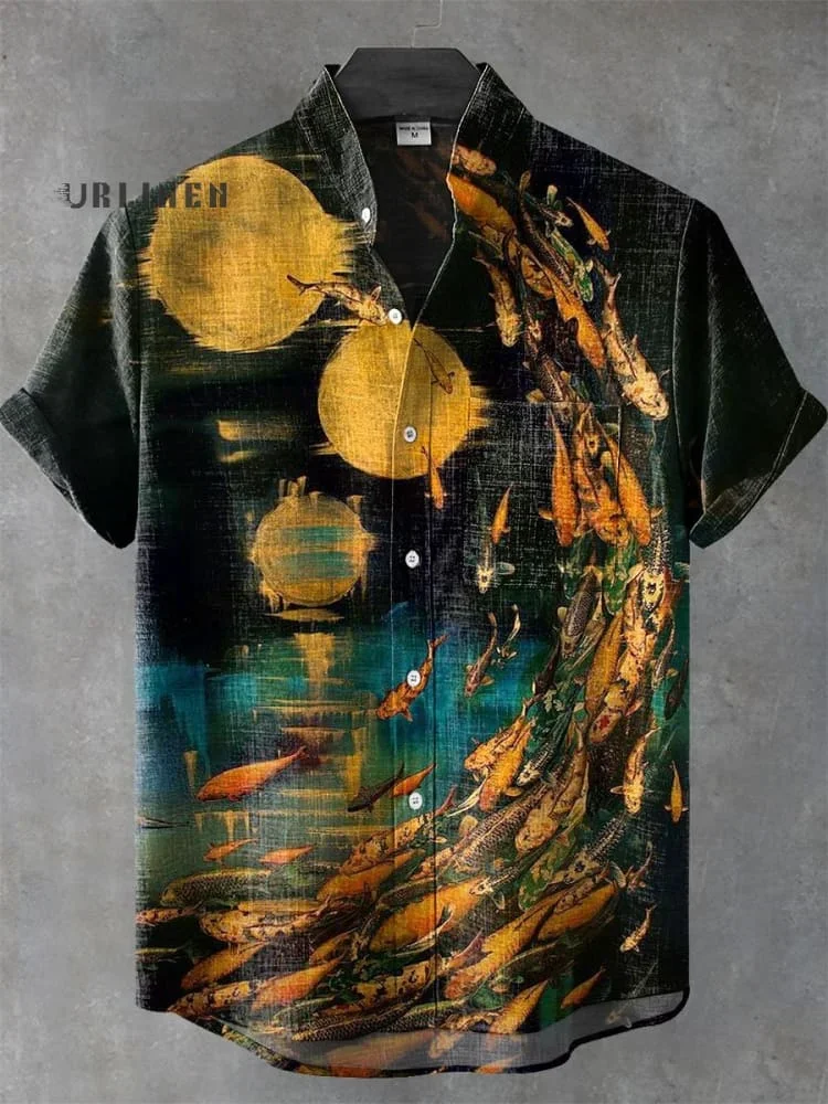 

2025 Summer Blue Fish Line Retro 3D Printed Casual Fashion 100% Linen Men's Short sleeved Stand up Collar Shirt