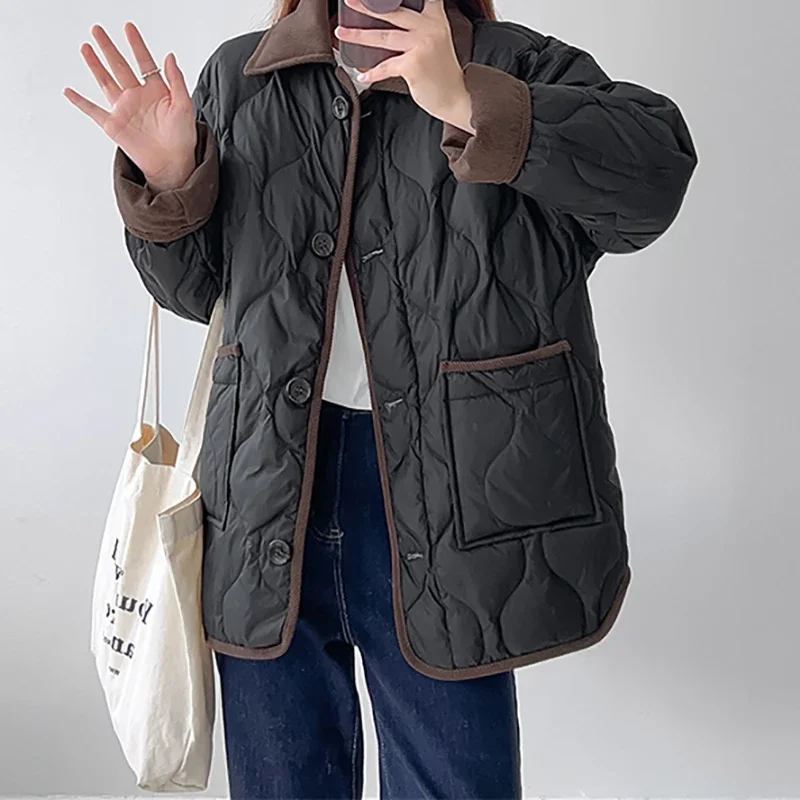 Women Thicken Autumn Winter Cotton-padded Jacket Warm Lambswool Office Coat Button Up Long Sleeve Casual Parkas Solid Outerwear