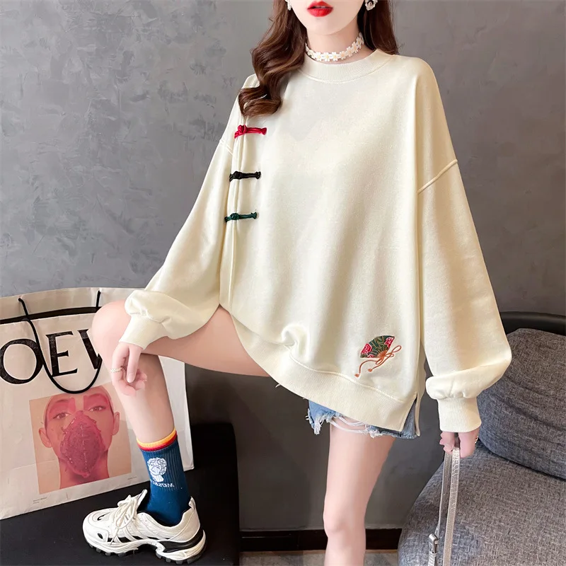 Chinese Style Pullover Sweatshirt Women Vintage Embroidery Loose Long Sleeve Pull Tops Fashion Spring Autumn Casual Sweat Shirt