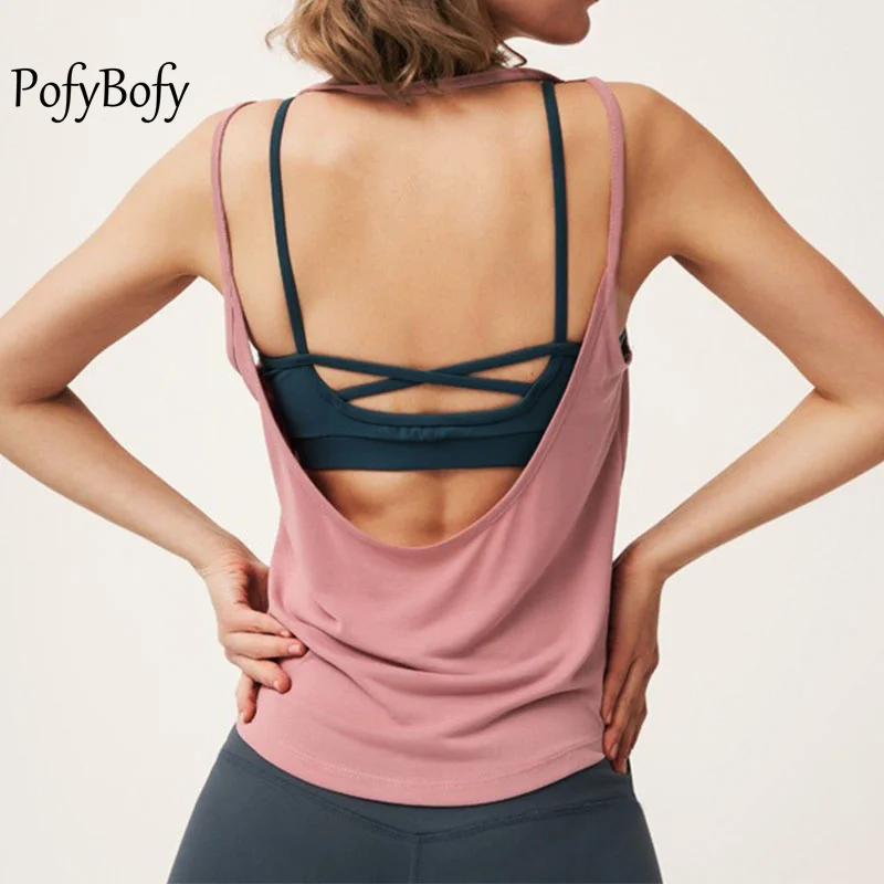 PofyBofy Sexy Backless Seamless Sleeveless Casual Shirt Lightweight Loose Vest Running Yoga Workout Fitness Tanks Tops for Women