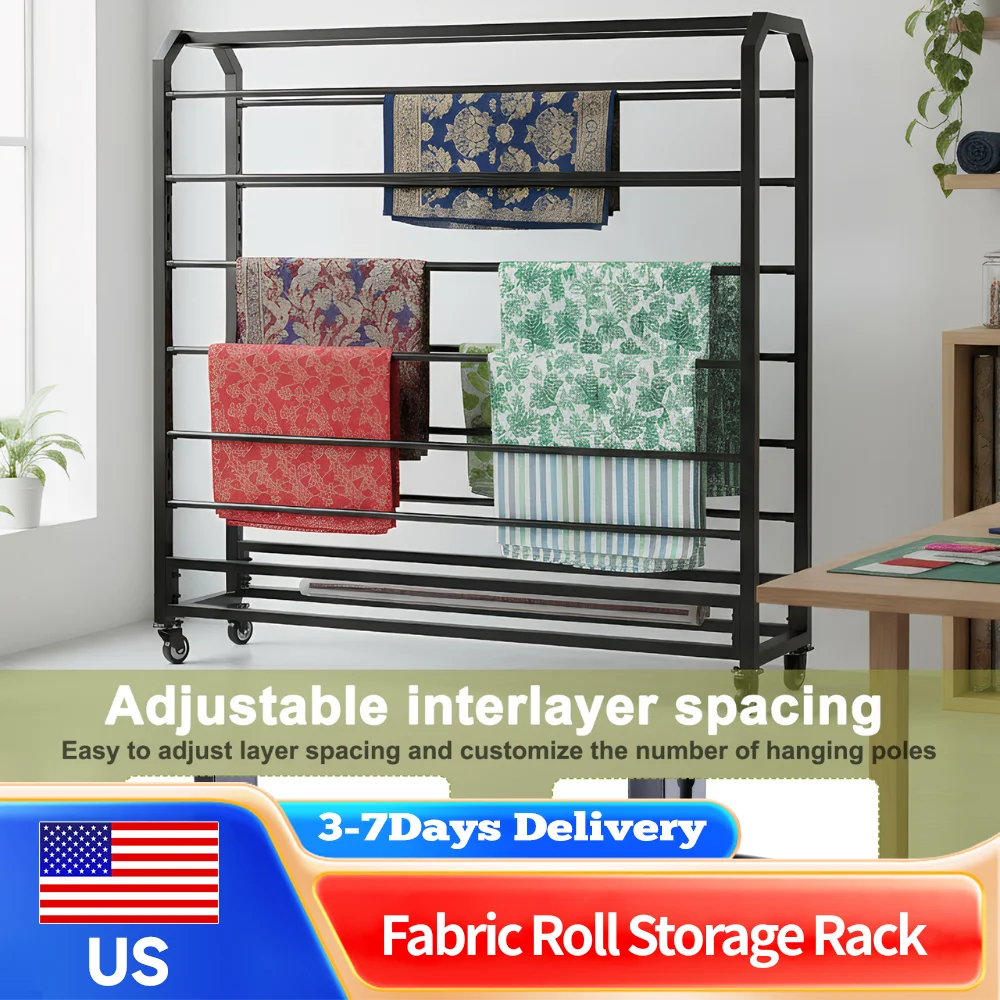 

Rolling Double Sided Textile Storage Rack 12 Adjustable Rods Fabric Organizer Holder for Color Change Film Leather Curtain Wallp