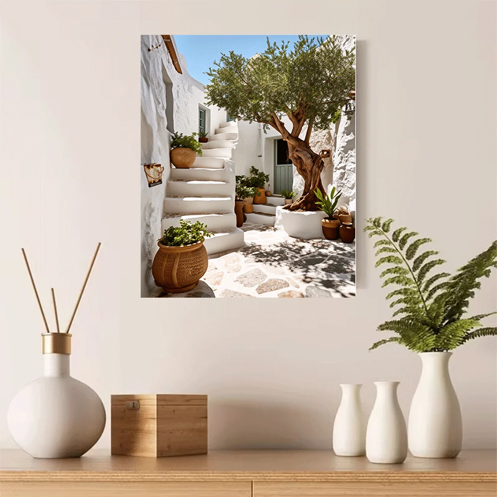 1PC-Canvas poster Unframed  Mediterranean Courtyard Olive Tree White Stairs Garden Art Print  summer
