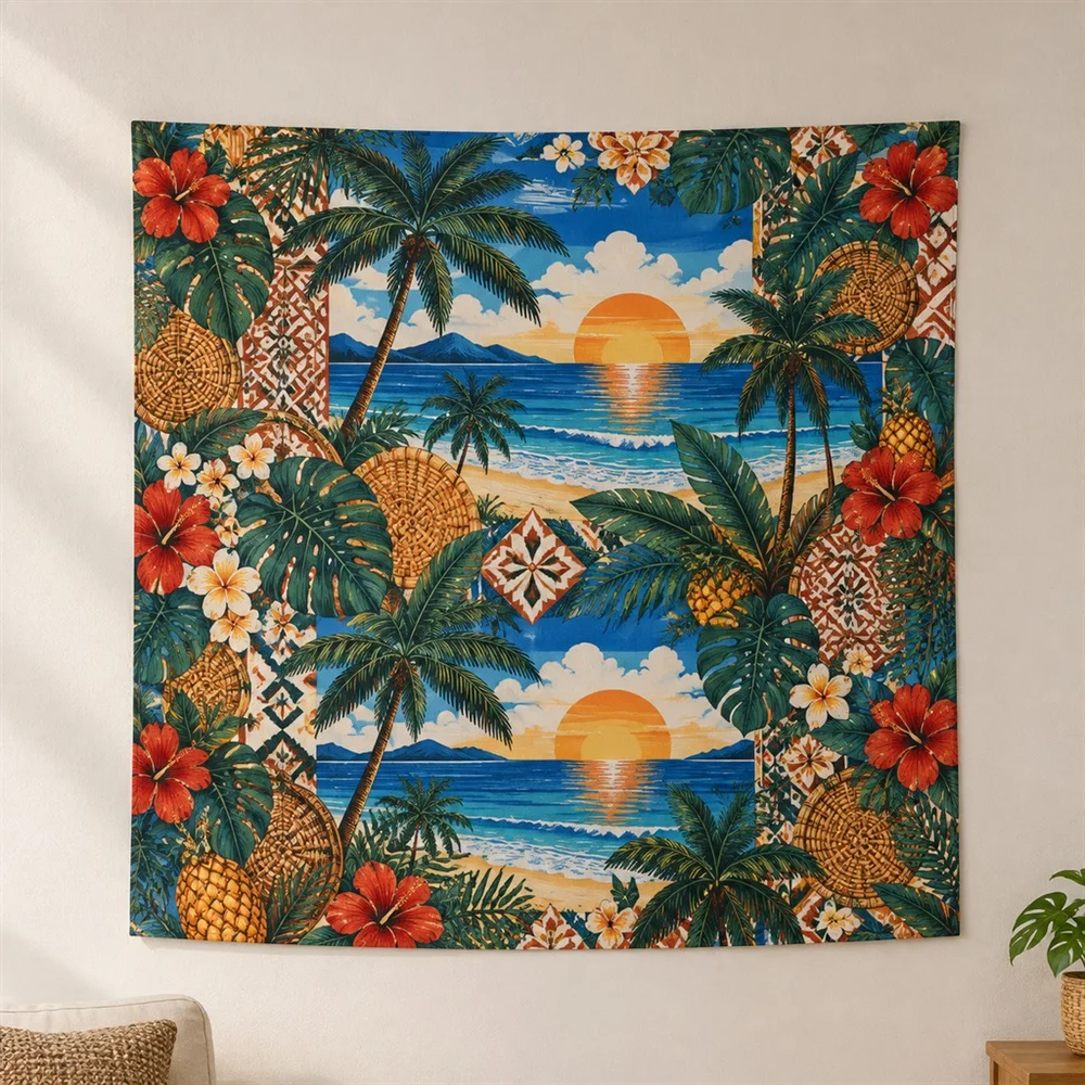 VIKAMA Palm Beach Sunset Allover Pattern Tapestry Wall Hanging, Tropical Wall Decor Tapestries for Bedroom Living Room Study