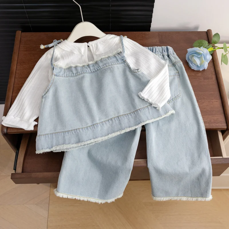 Kxkm-Korean Girls Simple Sweet Denim Suit24New Wooden Ear Denim Sling Three-Piece Set Fashion Trending Sets