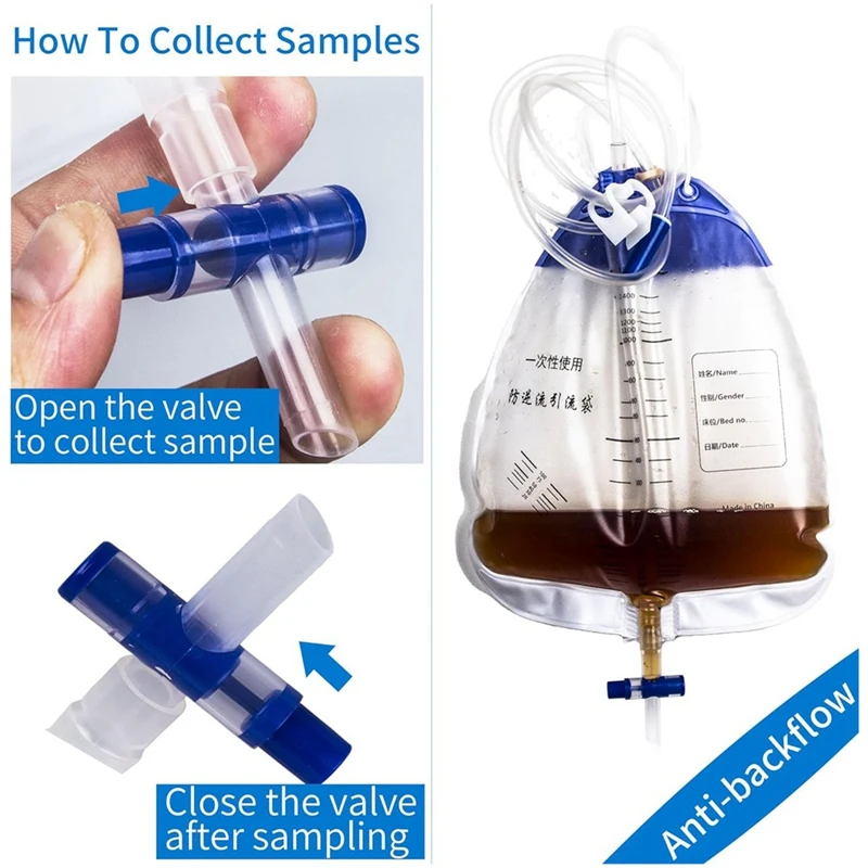 Urin-Entwässerungsbeutel mit 48 Zoll Rohrabfluss, Clips und Haken zum Aufhängen, Urinbeutel mit Anti-Reflux-Kammer, 1500 ml, 10er-Pack-ABVK