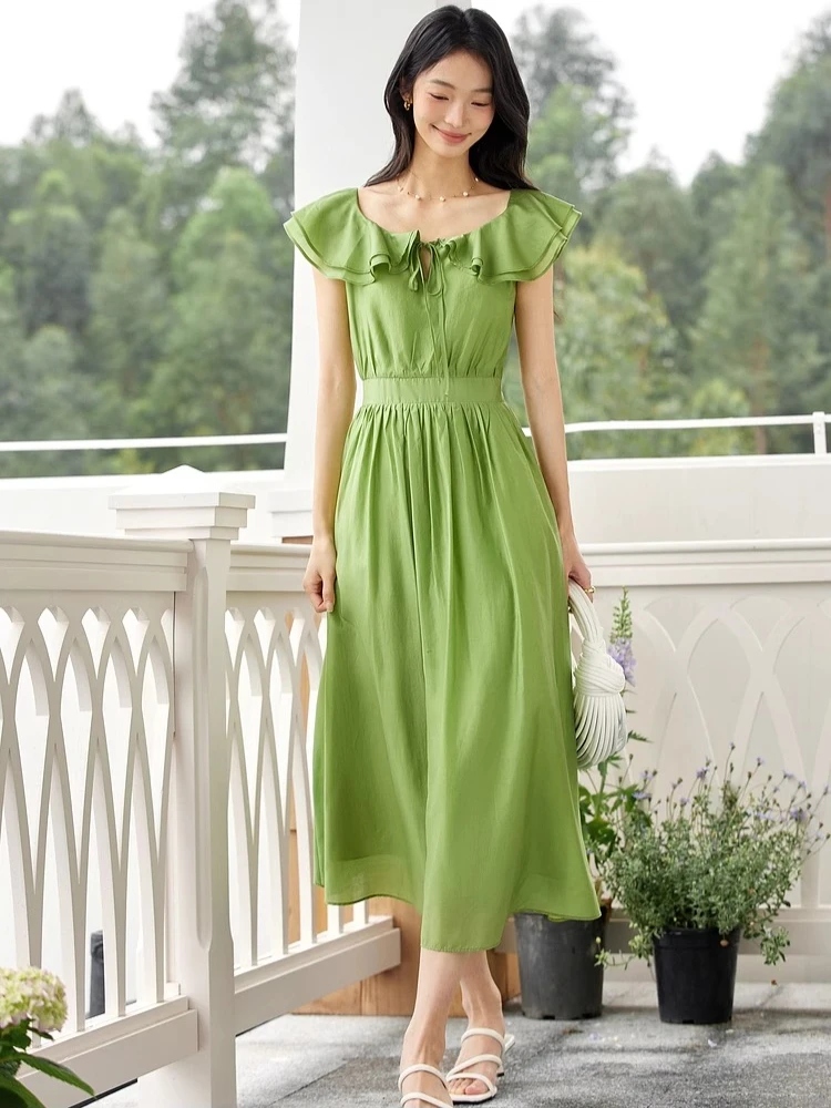 

VIMLY Dresses 2025 Women's Summer Midi Elegant Green Ladies Dress French U-neck Sleeveless Flounced Edge Woman Clothing A1712