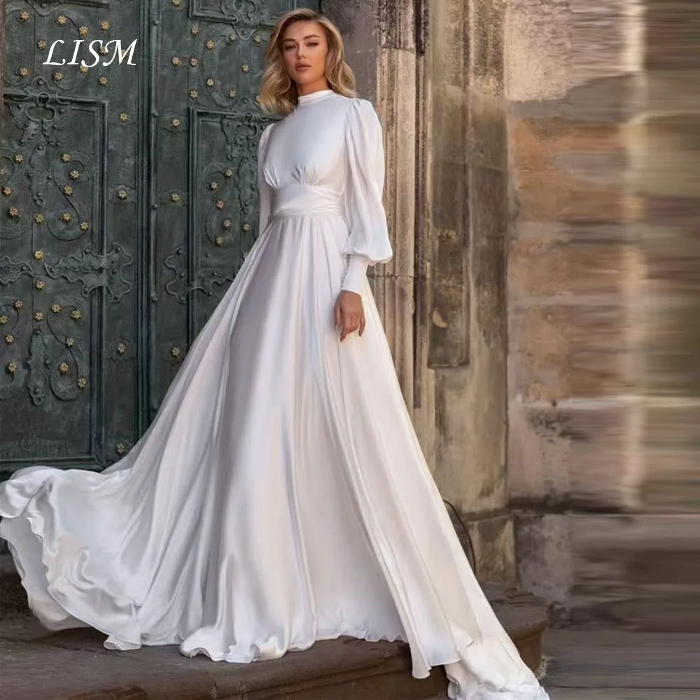 LISM O-Neck A-Line Simple Wedding Dresses Silk Satin Elegant Long Bridal Gowns Full Sleeves  Customized robe de soirée