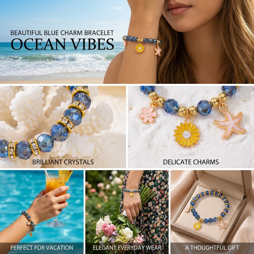 Böhmisches Blaues Kristall-Perlenarmband für Frauen Goldfarben Seestern Sonnenblumen-Anhänger Elastische Handkette Sommer-Schmuck Geschenk – Detail 3