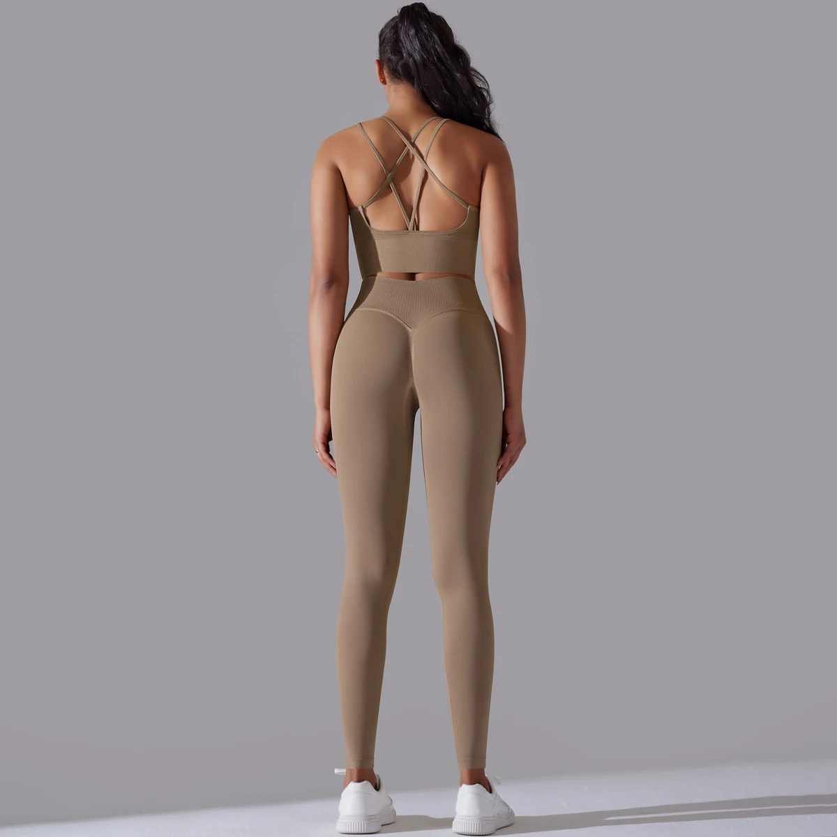 Gebürstetes Yoga-Set für Damen, 2-teilig, Workout, Sportbekleidung, überkreuzter Rücken, Sport-BH, hohe Taille, Leggings, Fitnessstudio, Kleidung, Sportanzüge – Detail 14