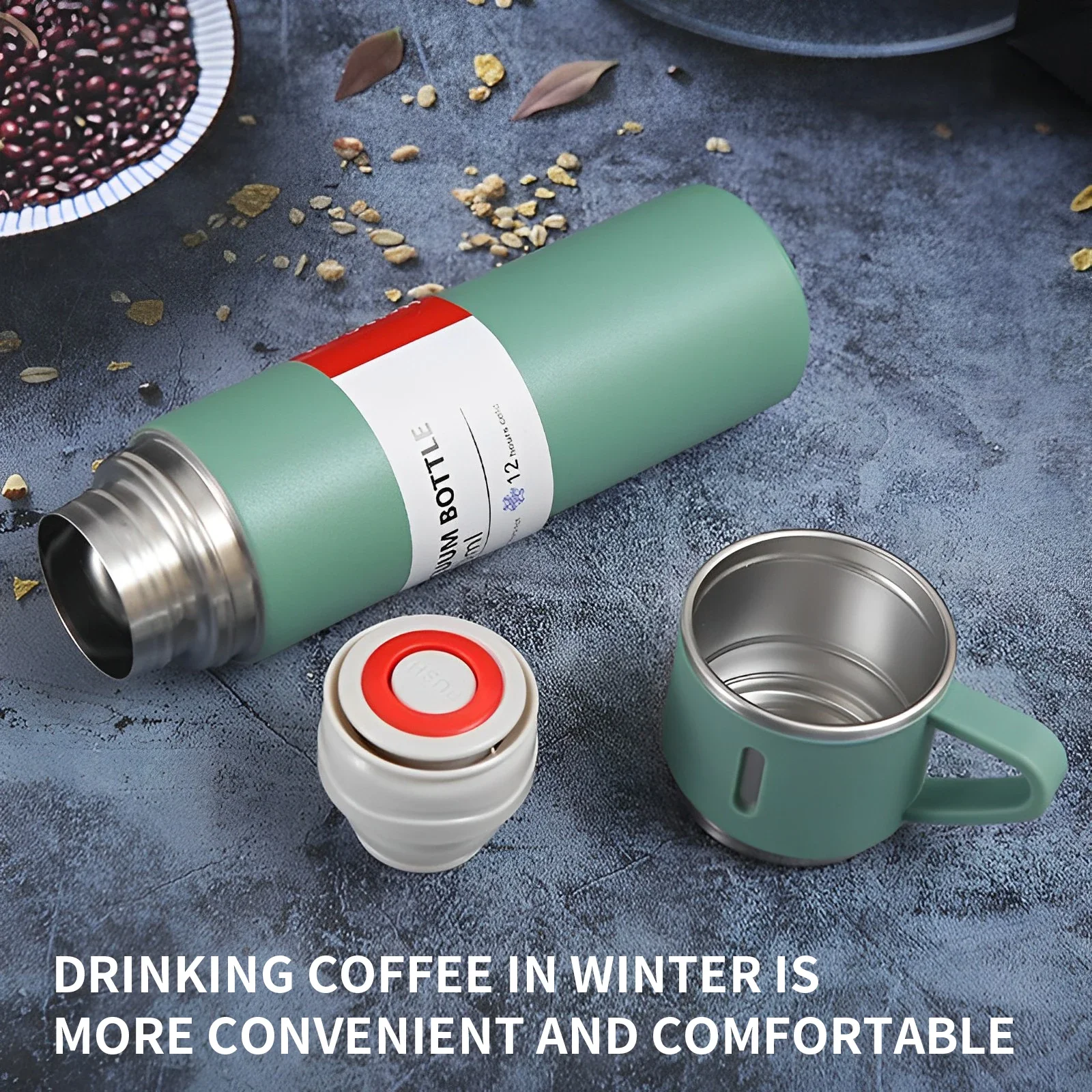 Coffee Thermos Stainless Steel Vacuum-Insulated Water Bottle, 500ml/16.9oz Insulated Bottle with Cup for Hot & Cold Drink Travel