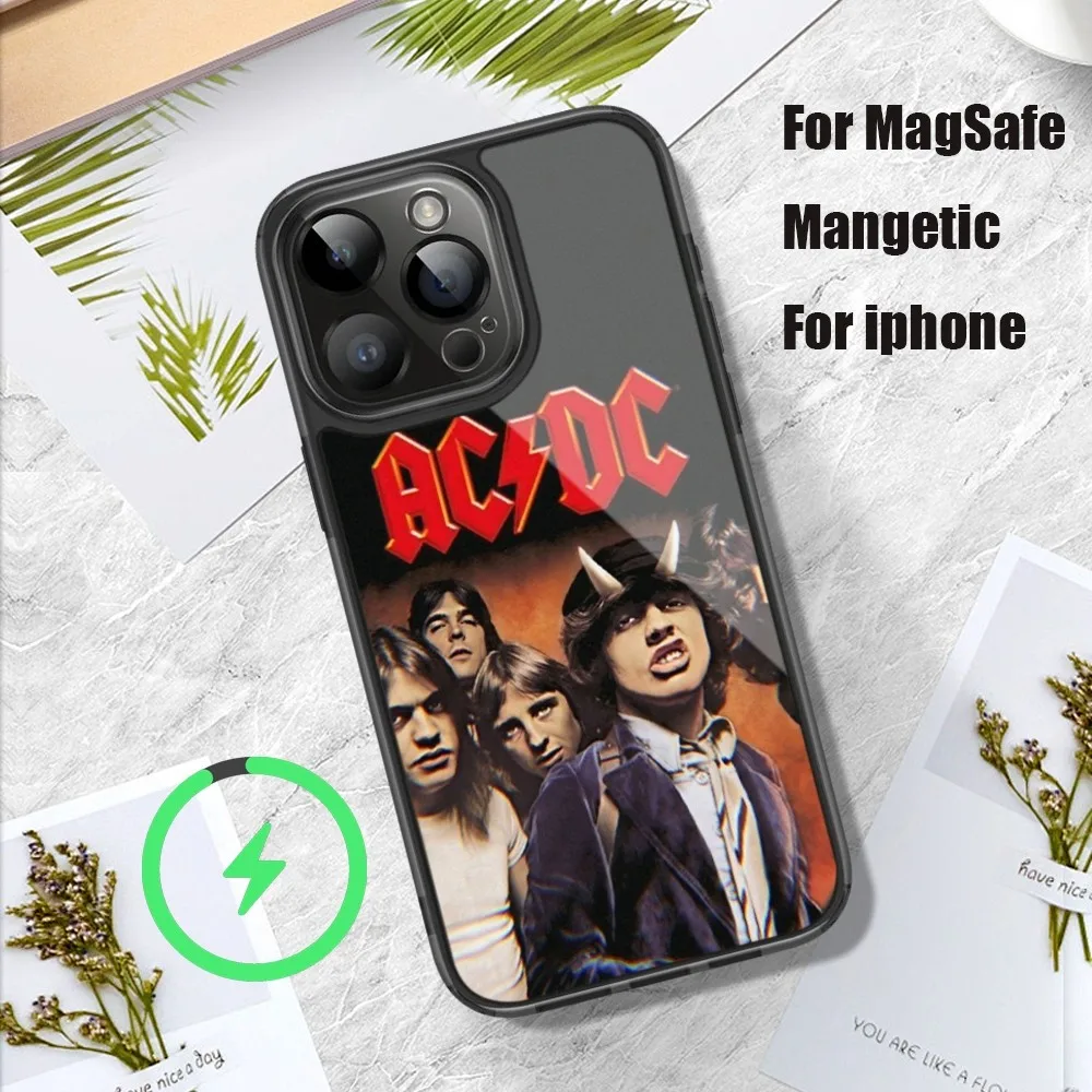 A-ACDC Band Phone Case For iPhone 11 12 13 14 15 Pro Max Plus Mini Magsafe Magnetic Wireless Charging Shell