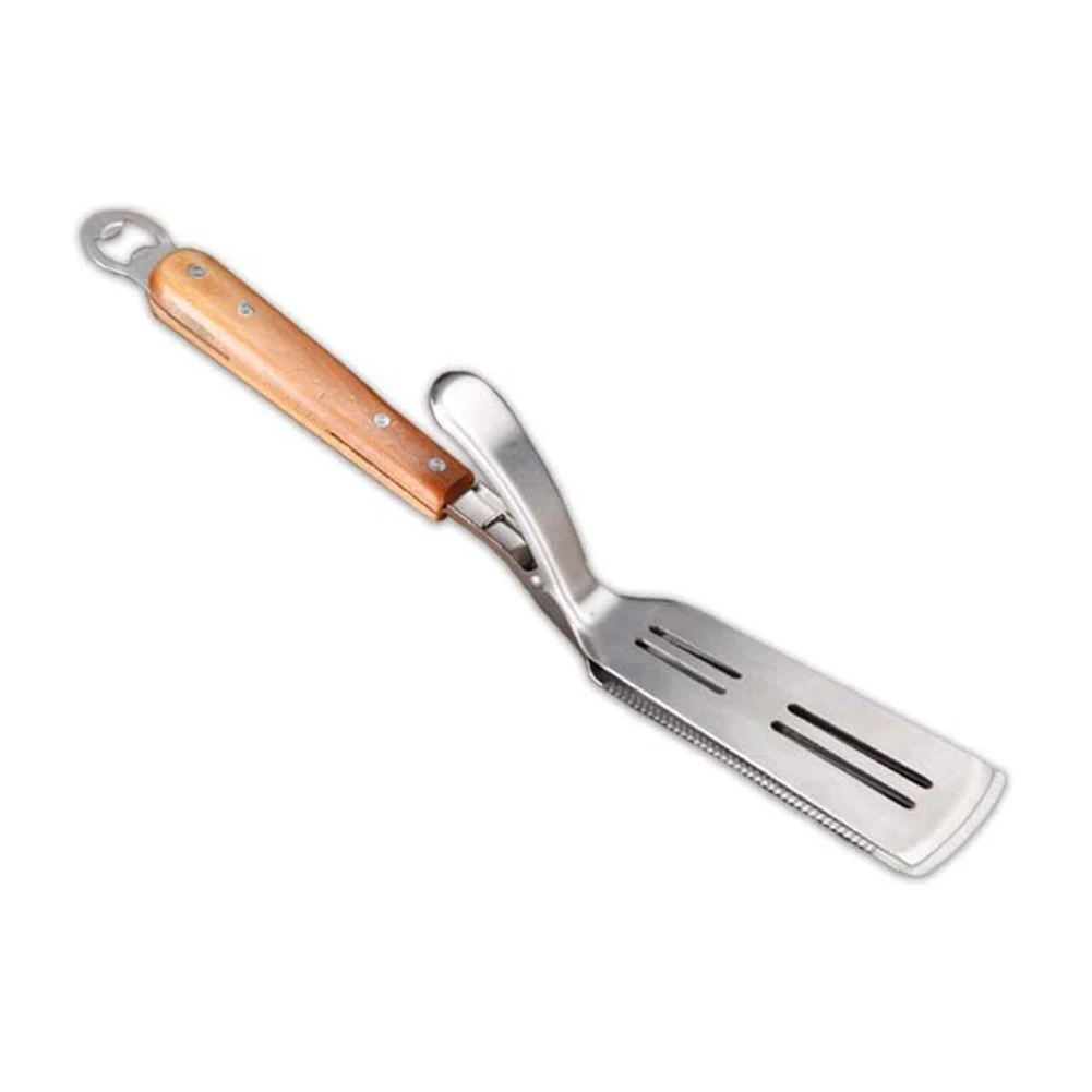 

2in1 Stainless Steel Grill Tongs and For Turner with Bottle Opener for Grilling Meat and Vegetables with Wooden Handle