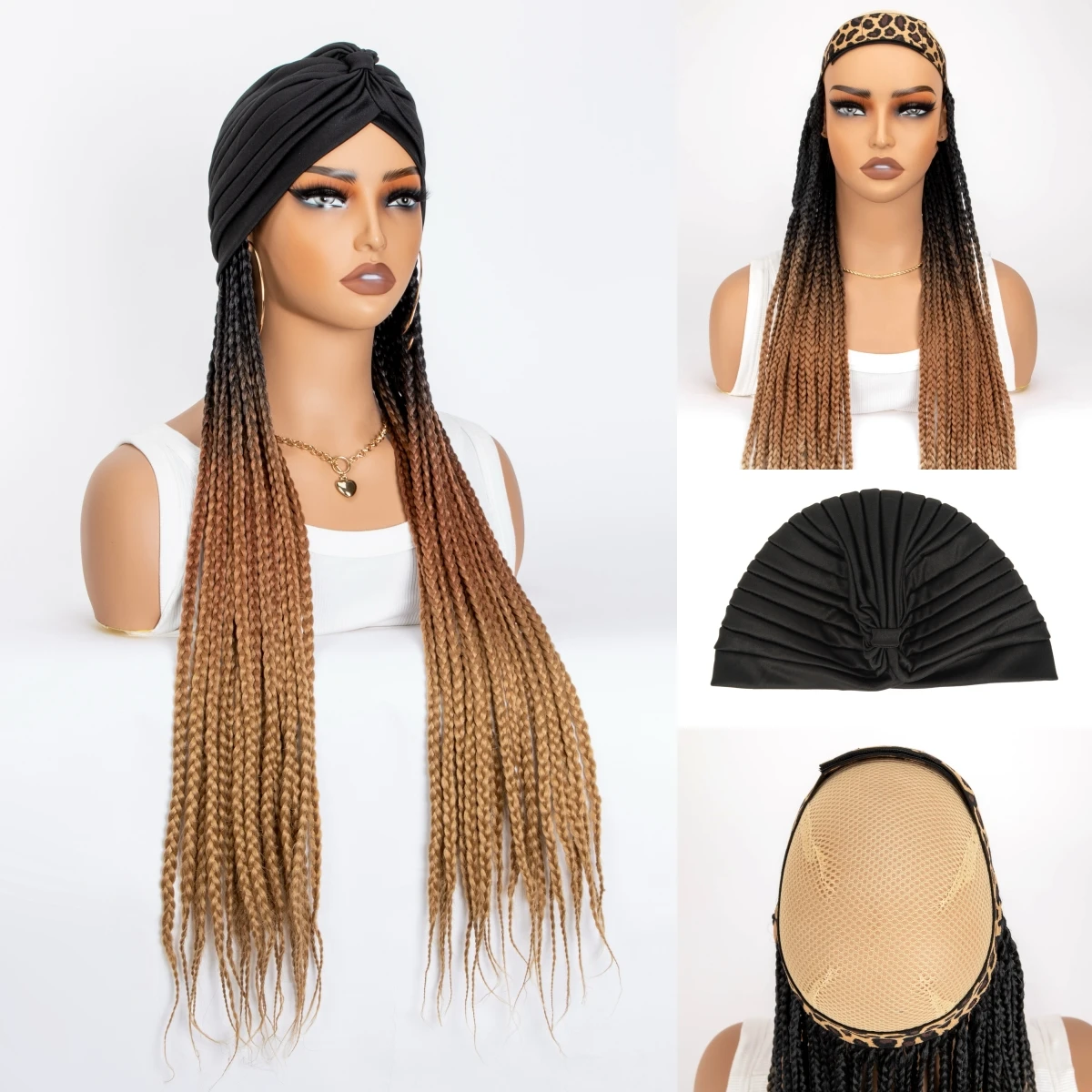 WIGERA Long 24‘ Ombre Black Dark Brown Honey Brown Braided Synthetic Wig With Headband Turban Braiding Hair Extensions For Women