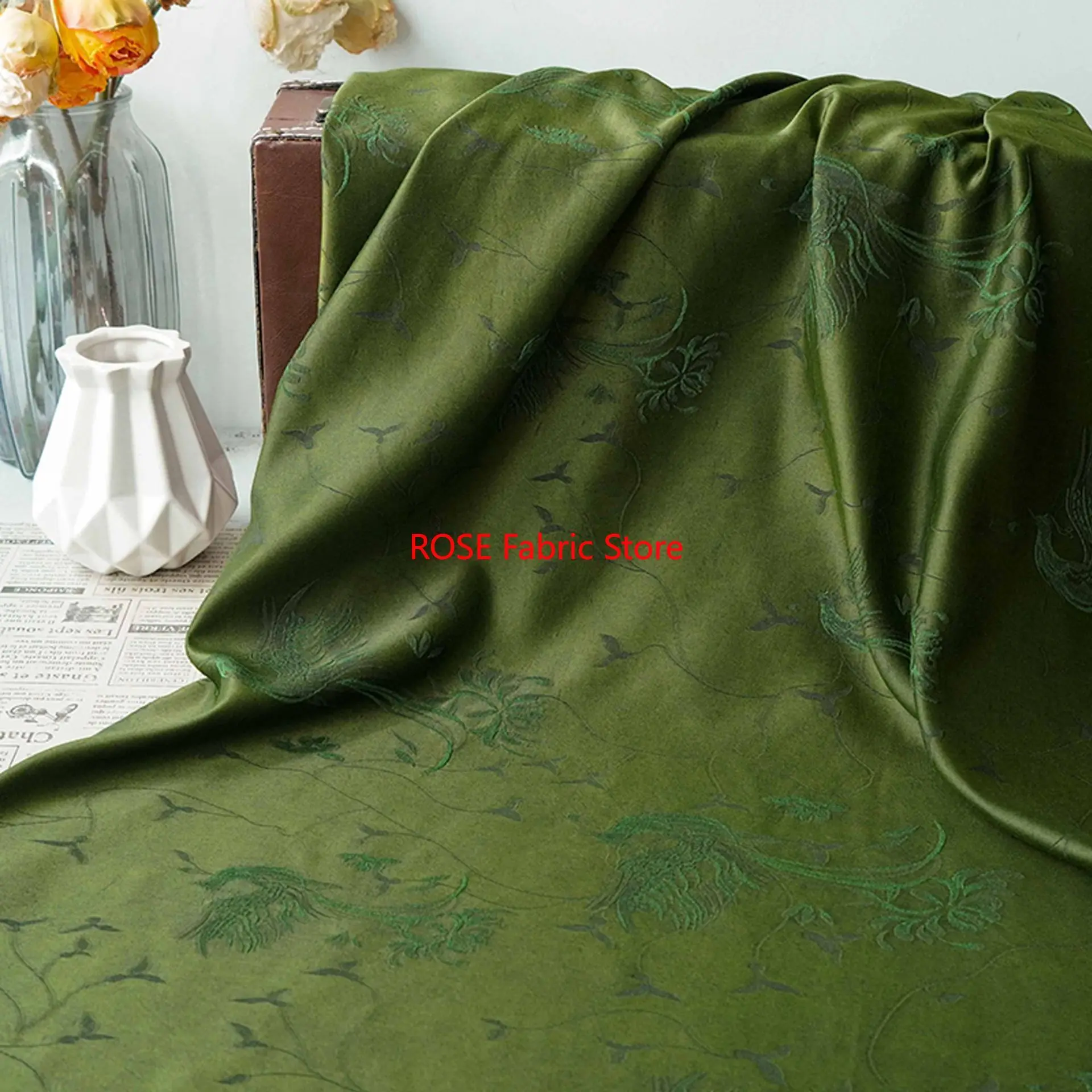 

1 meter Dark Green Jacquard Cheongsam Fabric Retro Hanfu Dress Gown Handcrafted Sewing Fabric