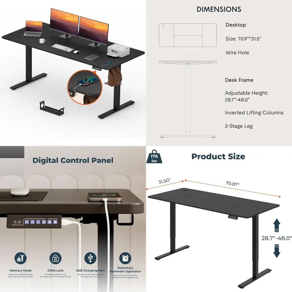 

Large 71x31 Adjustable Height Standing Desk with Cable Management for Home Office Computer Use