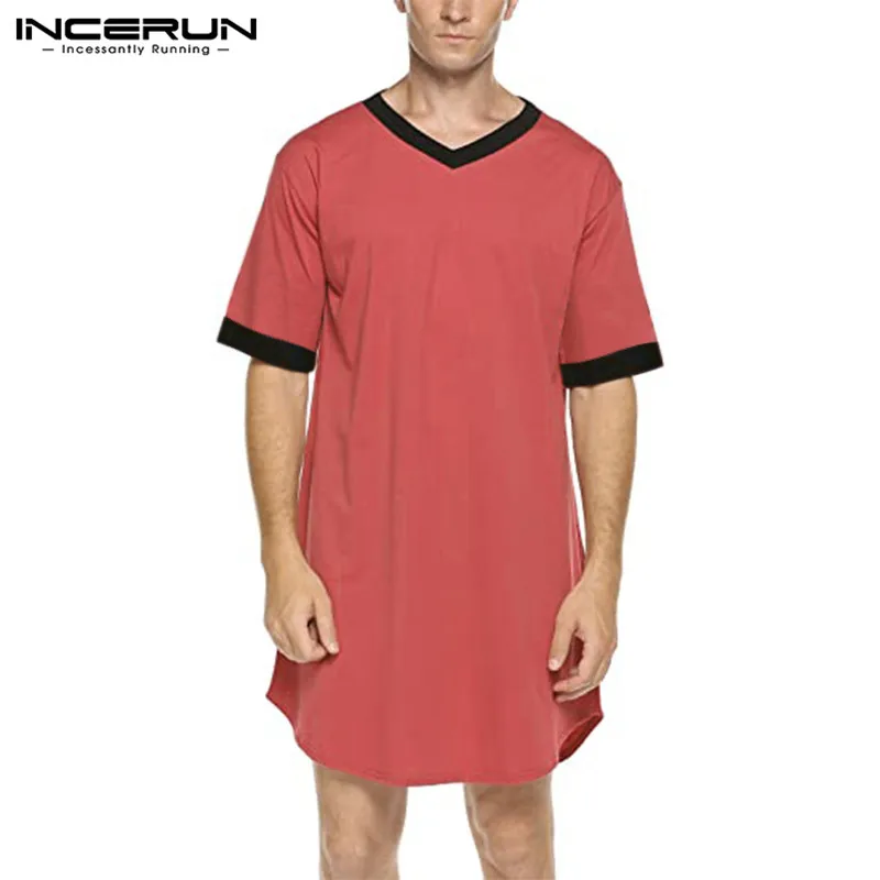 INCERUN Men Sleep Robes Short Sleeve V Neck Nightgown Patchwork Cozy 2024 Homewear Fashion Loose Mens Bathrobes Dressing Gown