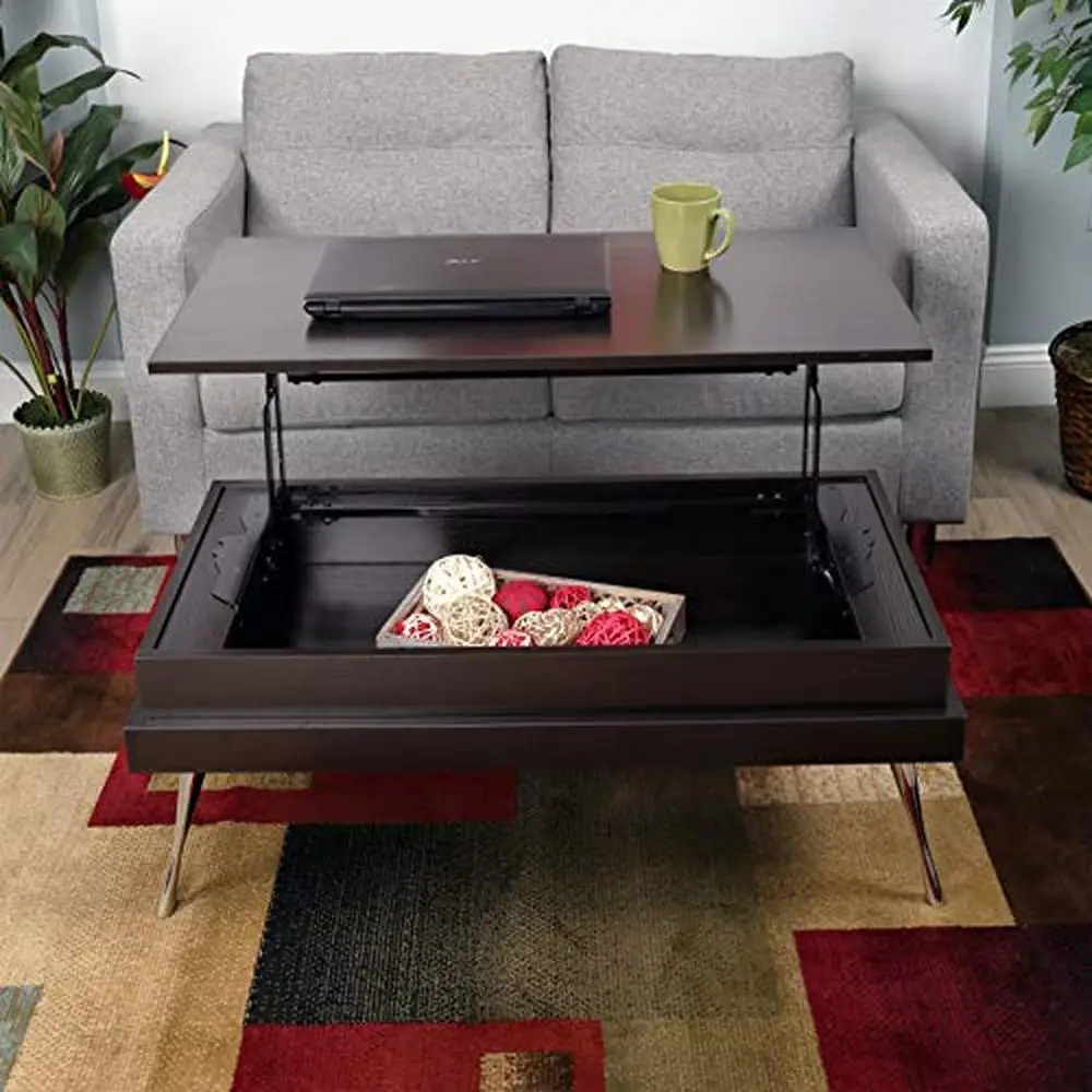 

Rectangular Lift-Top Coffee Table Hidden Storage Adjustable Heights Iron Legs Espresso Finish 39.5" x 20" x 16