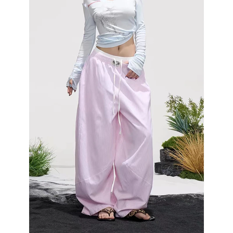 American Style Pink Wide Leg Casual Pants Women's Loose Fit Long Trousers Drawstring Floor-Length Striped Summer New Arrival