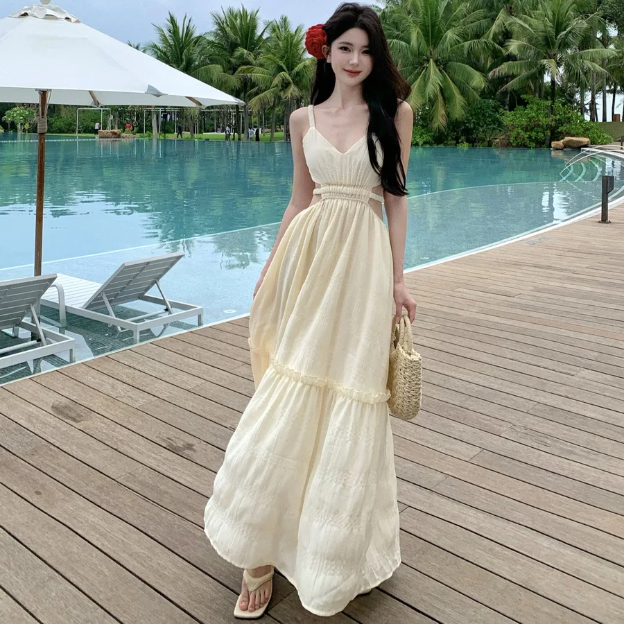 Sexy Pure Desire Wind Spicy Girl Hollow Back V-neck Strap Dress for Women Summer Sanya Beach Resort Beach Long Dress