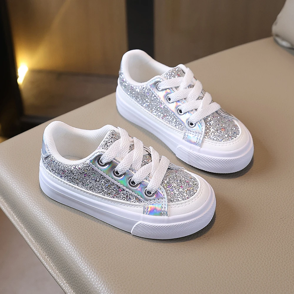 COMFY KIDS Kids 3-12 Years Silver Glitter Laser Low Top Shoes Lace-Up Soft Sole All-Season Wear Party Outfits Casual Shoes image 2