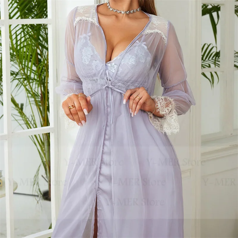 

Women Elegant Mesh Kimono Bathrobe Gown Long Roeb Set Purple Nightdress Set Sexy Embroider Flower Lace Up Lingerie Sleepwear