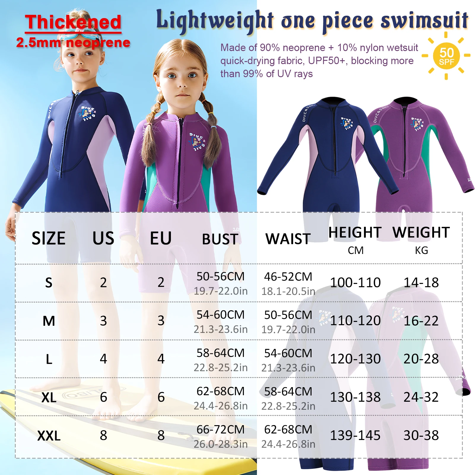 Girls Wetsuits Long Sleeve Anti-UV Thick 2.5MM Neoprene Surfing Snorkeling Swimsuit One-Piece Children's Warm Diving Suit