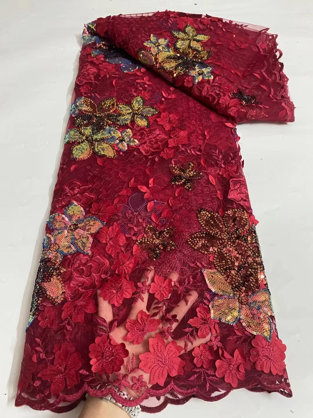 

Red French 3D Flowers Lace Fabric With Sequins For Bride 2023 High Quality African Nigerian Tulle Lace Fabric For Party KDP23106