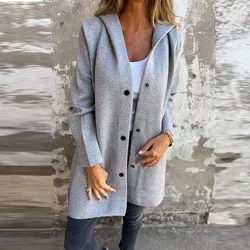 New 2024 Fall Vintage Single Breasted Solid Color Jacket Casual Pockets Loose Hooded Coat Ladies Elegant Warm Straight Cardigan