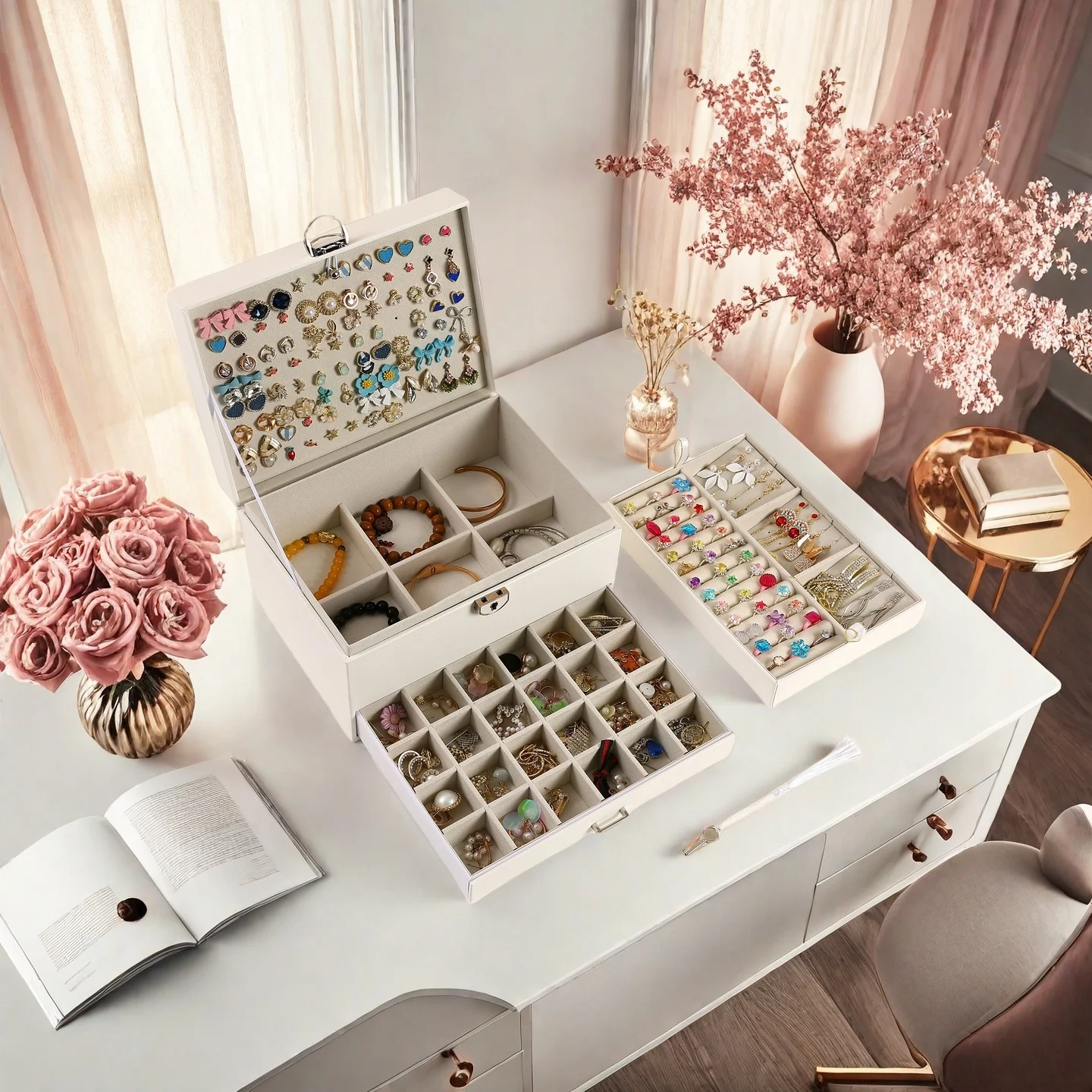 Velvet Jewelry Storage Box with 4 Drawers Clear Lid Organizer for Necklace Ring Bracelet Earring Display For Case