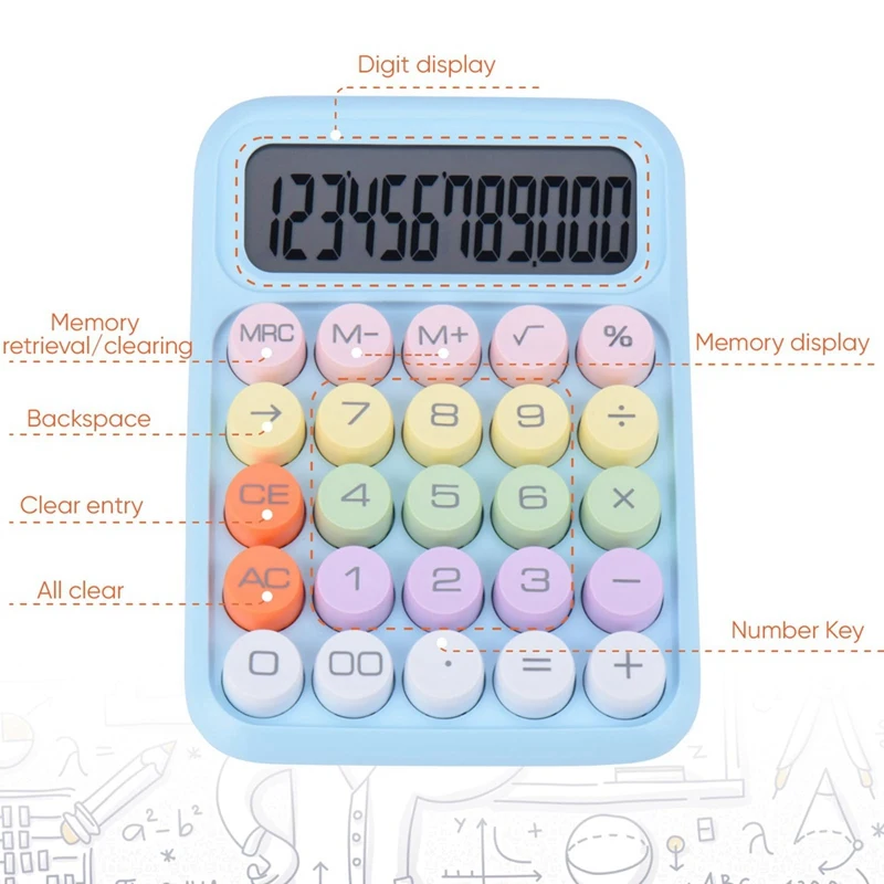 Calculatrice mécanique à bouton-poussoir, 12 chiffres, écran LCD, gros boutons, facile à appuyer, couleur bonbon, bleu, facile à utiliser