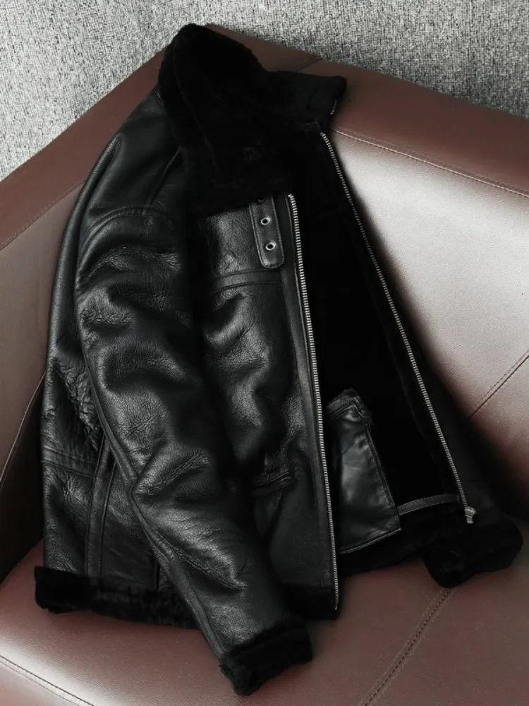 Mens Moto Biker Coats Winter Sheepskin Overcoat Thick Warm Real Fur Lining Jacket Men Pilot Genuine Leather Jacket Plus Size 5XL