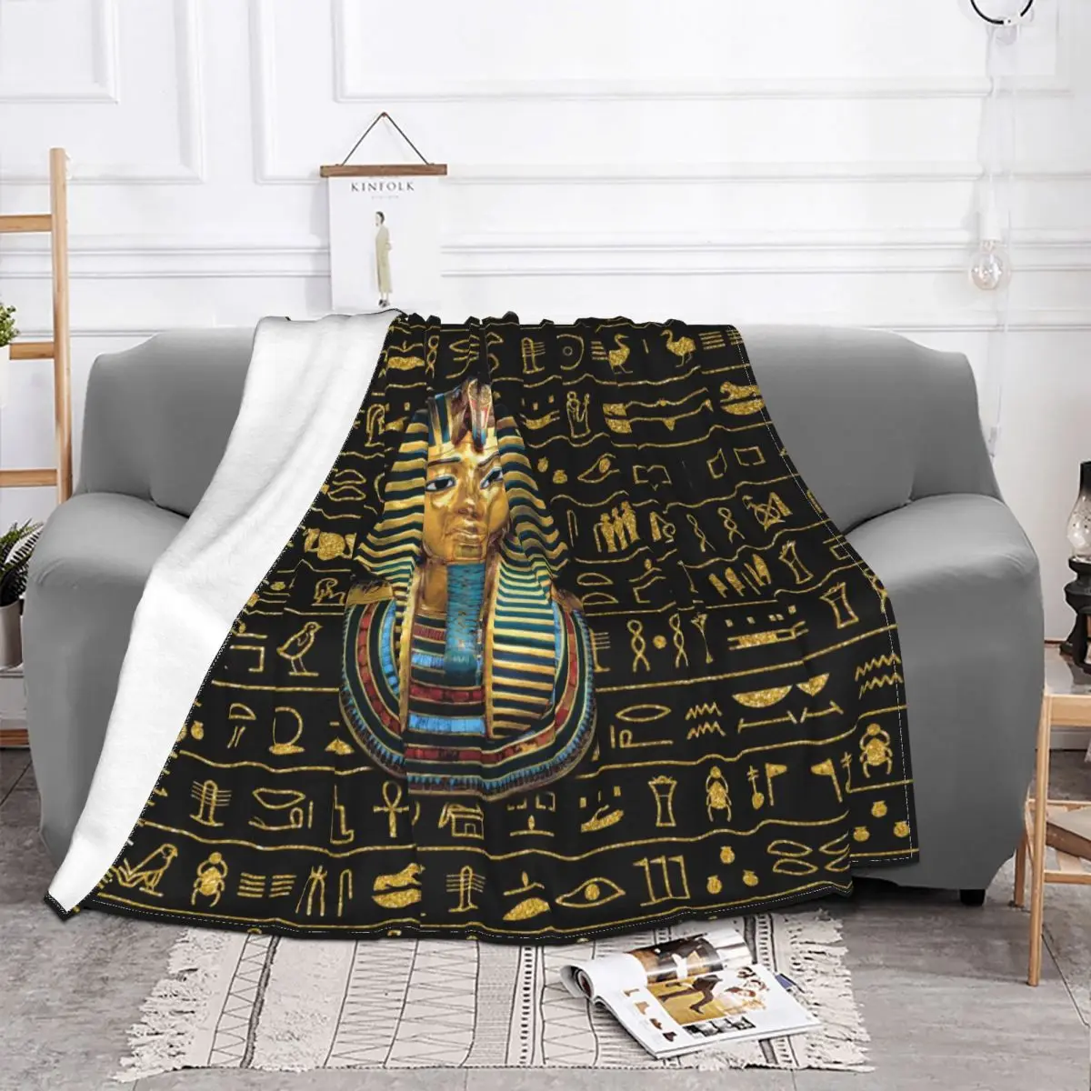 Ancient Gold Pharaoh Egypt King Tut Blanket Soft Fleece Warm Flannel Egyptian Hieroglyphic Throw Blankets for Sofa Car Bed Quilt