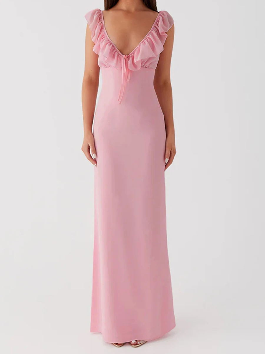 Abito da donna con volant e camicetta, tinta unita, scollo a V profondo, cravatta aperta sul retro, abito da sera lungo per party club