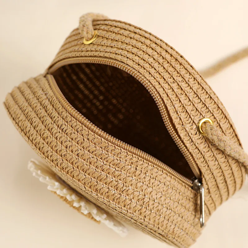 Travel Beach Straw Bags for Girl Summer Cute Flower Woven Crossbody Bags Mini Zipper Kids Princess Messenger Bags Photo Props image 6