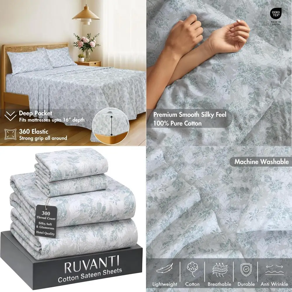 

Queen Size Cotton Bedding Set - 300 Thread Count, Silky Satin Weave, Cooling, Lightweight, Breathable, 16 Pocket, Luxurious, 4-P