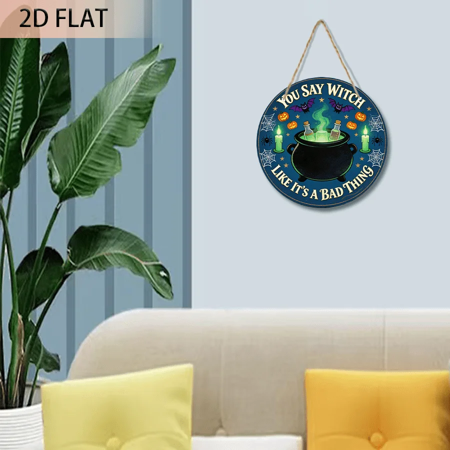 2D Flat, 1pc of Fun Witch's Halloween Cauldron Wall Art Decor, High-quality Printed Wooden Sign Hanger. 7.87x7.87 Inch Round Han