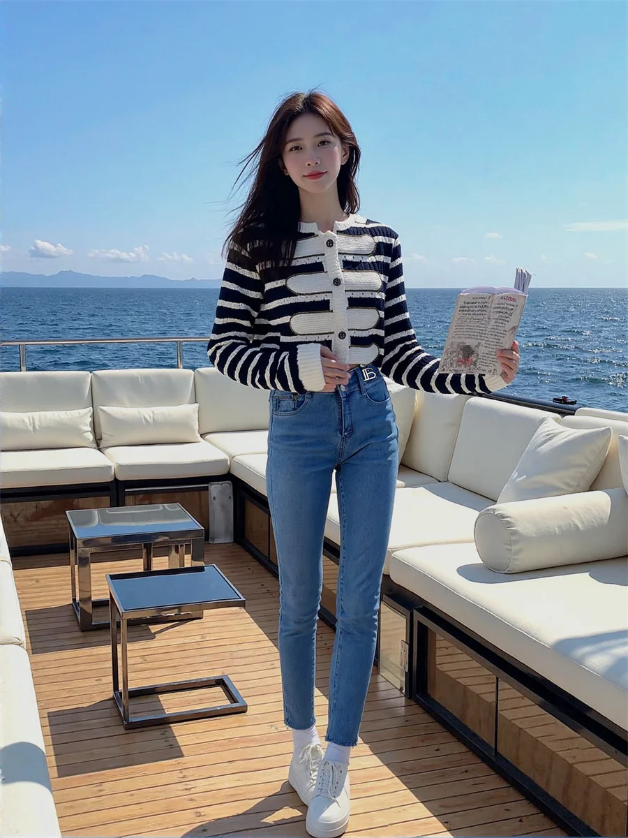 

Узкие тонкие синие джинсы женские с высокой талией стрейч джинсовые женские винтажные Y2K повседневные универсальные уличные модные брюки осень-весна