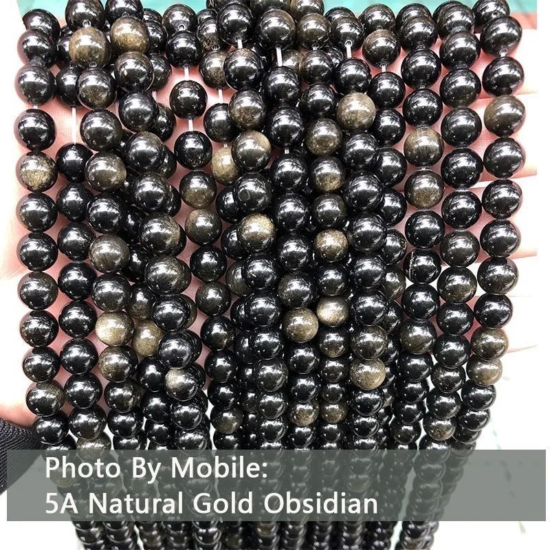 Naturstein Goldener Schwarzer Obsidian Perle Glänzende Runde Lose Edelsteinperle für Schmuckherstellung DIY Armband Halskette Zubehör 15" – Detail 4