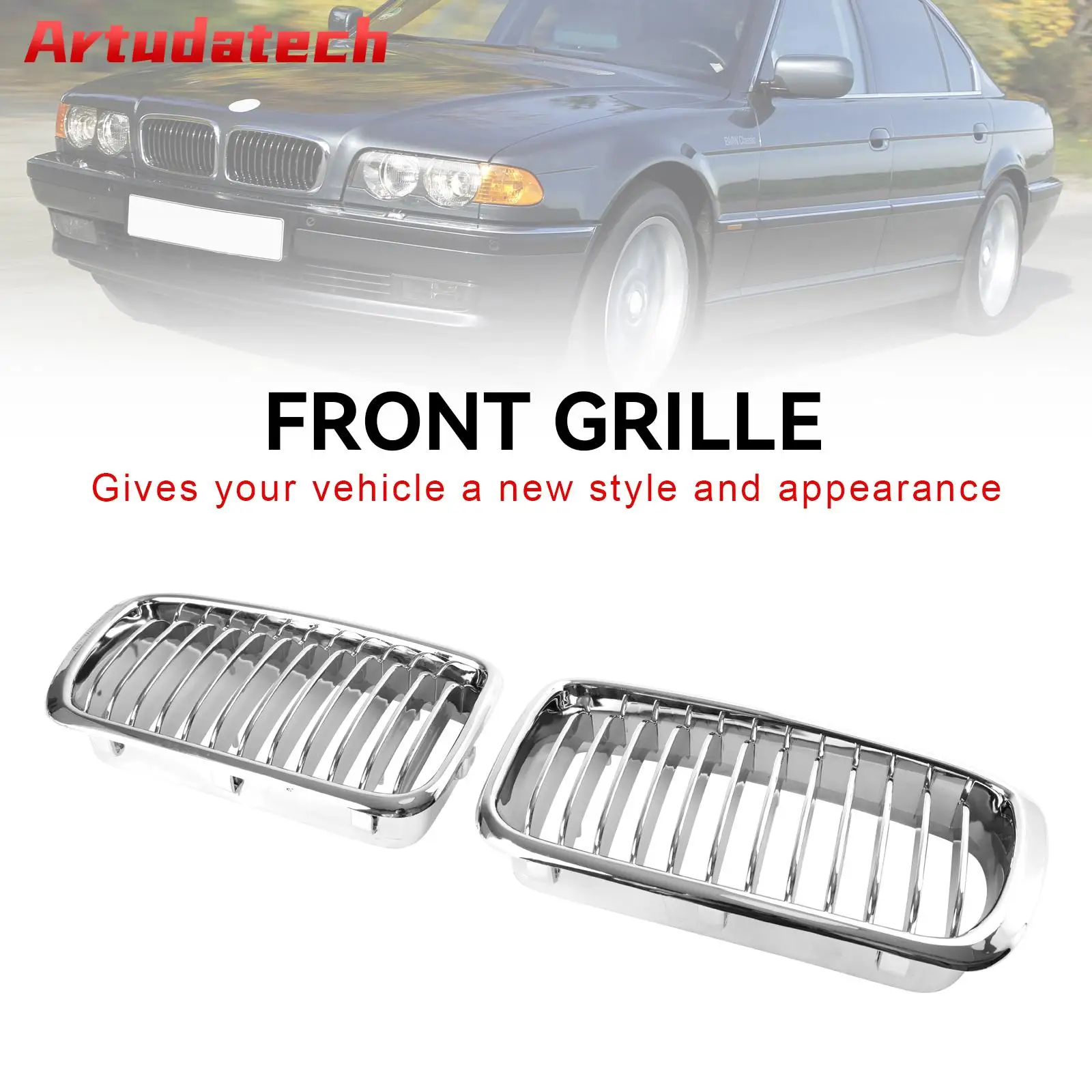 

Artudatech 2PCS Chrome Front Kidney Grill Grille Fit BMW 7 Series E38 1994-2001 Car Accessories